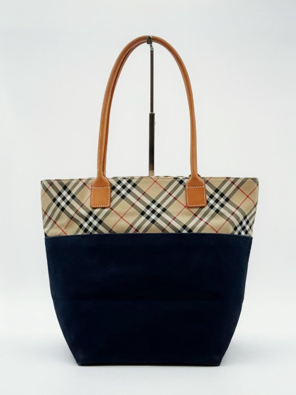 Burberrys Vintage Nova Check Canvas Tote Shoulder Bag Navy Beige Leathe - Picture 2 of 13